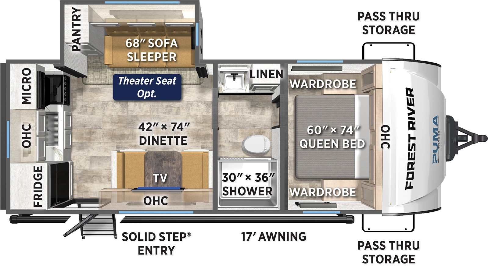 The Puma Tracks 237RK floorplan has one entry and one slide out. Exterior features include: fiberglass exterior and 17' awning. Interiors features include: rear kitchen, front bedroom and pass through bathroom.